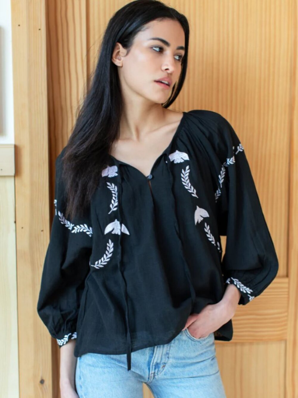 Emerson Fry India Collection Lucy Dove Embroidery Blouse in Black Size S